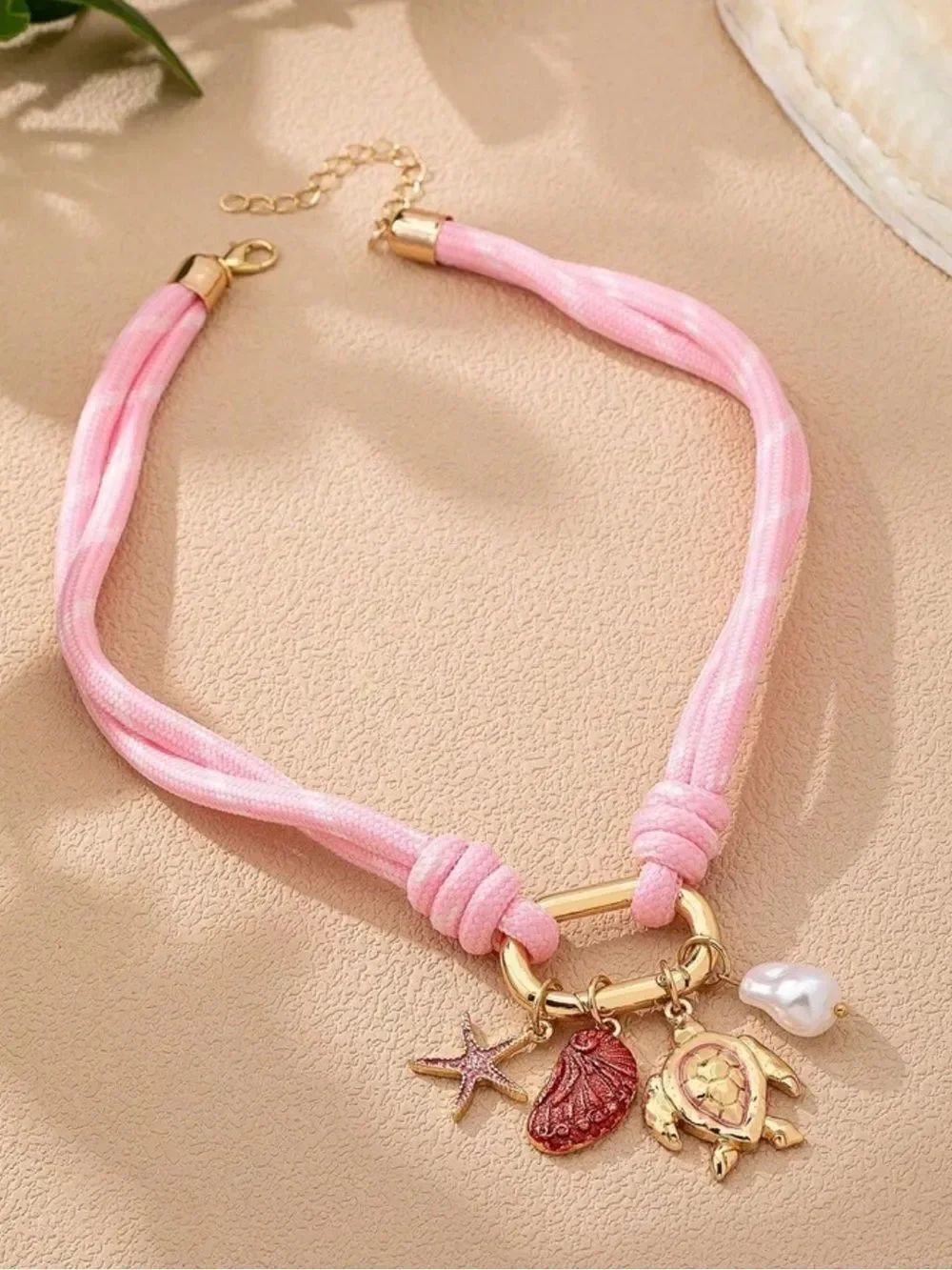 Pink Cord Necklace with Gold Nautical Charms R711